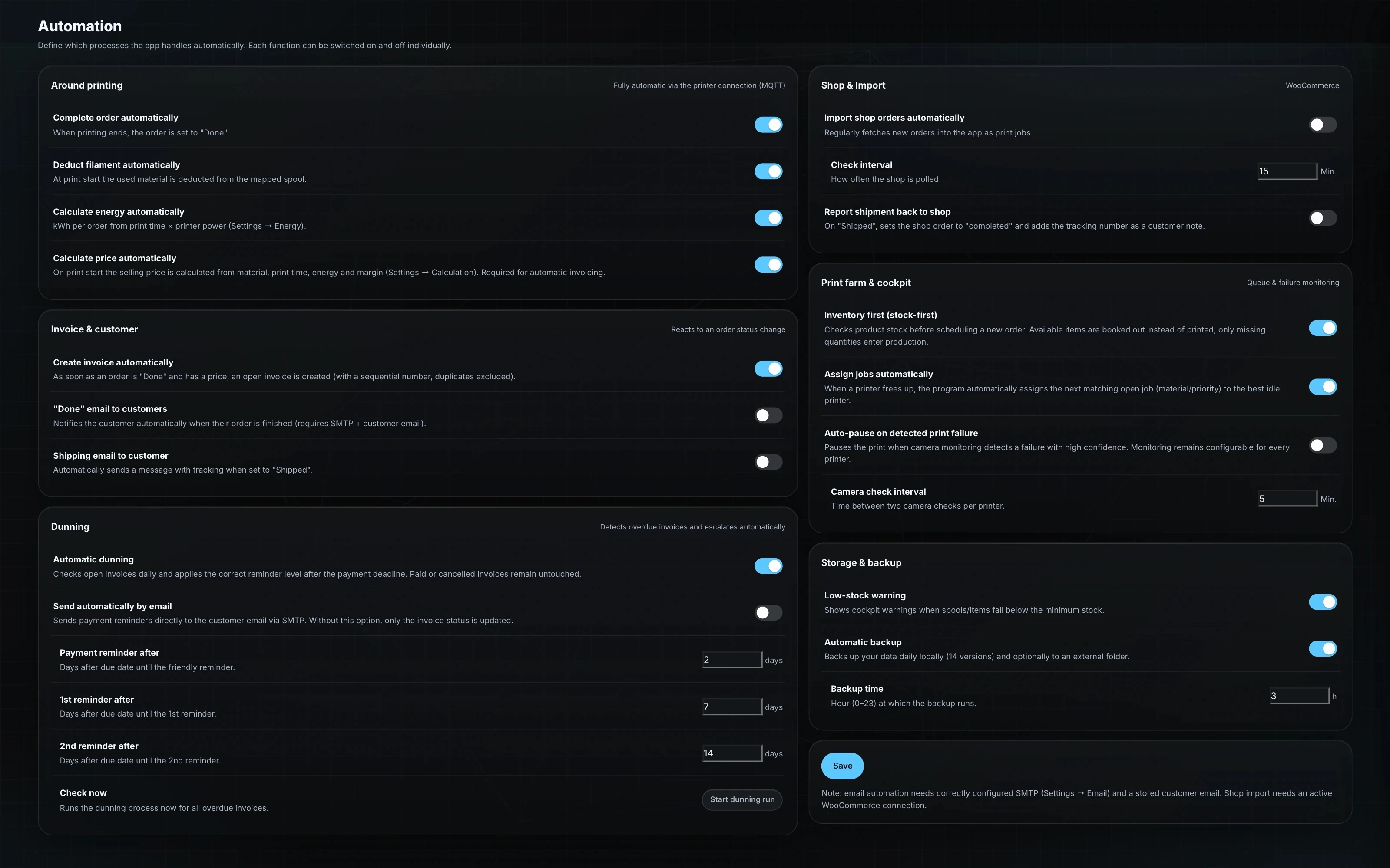 Automation with print-farm dispatcher and cockpit hints